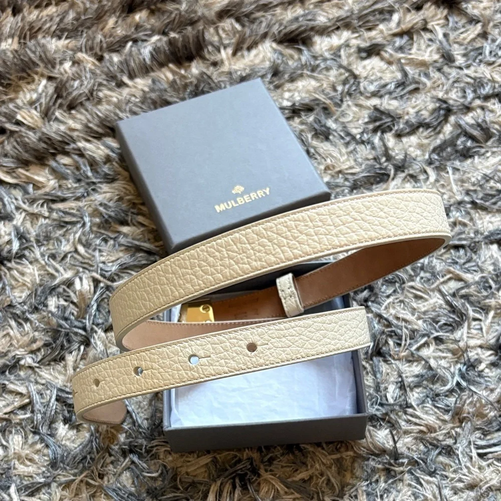 Mulberry Off-White Leather Belt with Gold Logo Buckle
